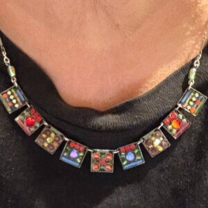 Vintage Ayala Bar Beaded Necklace Square Mosaics with Silver Accents Handmade